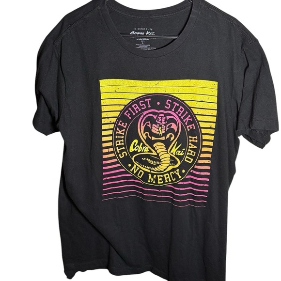 Cobra Kai Strike First Strike Hard No Mercy graphic purple & yellow T Shirt - Picture 6 of 8
